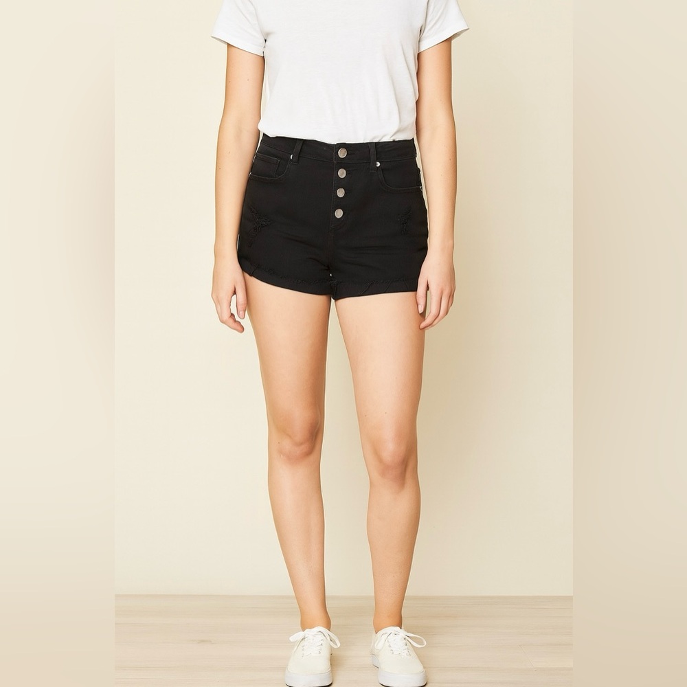 Mudd FLX Mid Rise Distressed Classic Black Hem 4” Inseam Denim Shorts Size 9